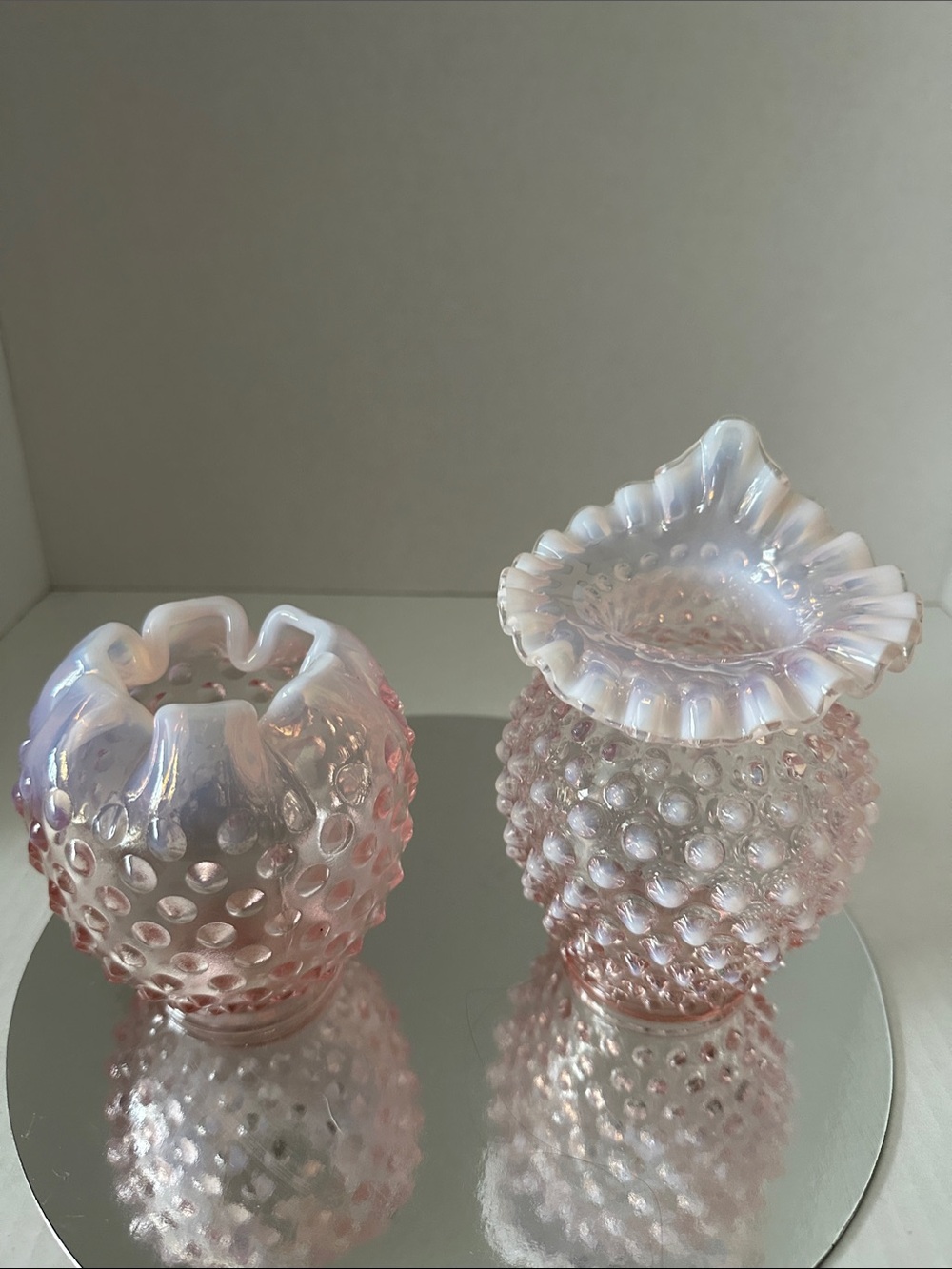 Vintage Fenton Pink Opalescent Hobnail Glass Vases - Set of 2